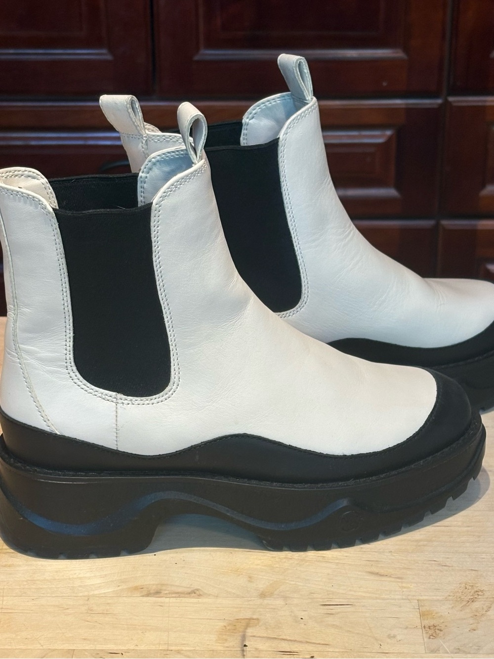 Michael Kors White and Black Leather Chelsea Platform Booties